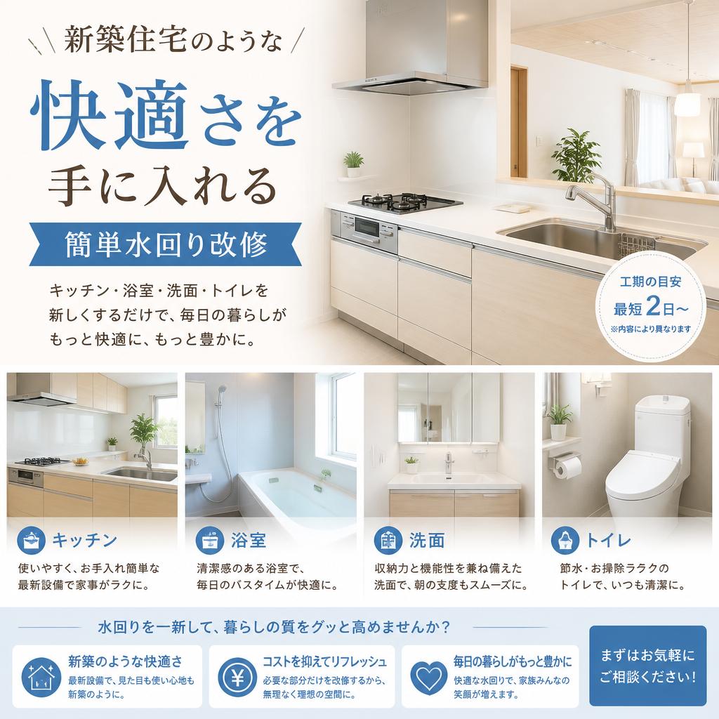 新築住宅のような快適さを手に入れる簡単水回り改修